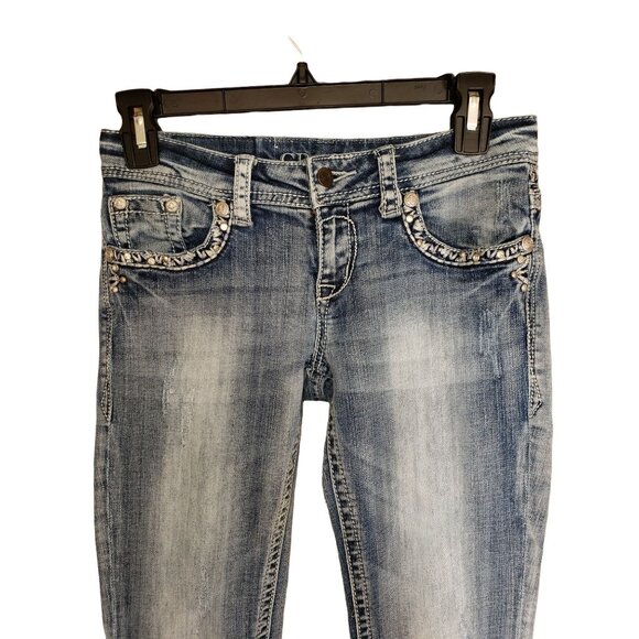 Grace in LA Womens Jeans 4 Stonewash Denim Rhinestone Studded 26" Grunge Street - Picture 3 of 10